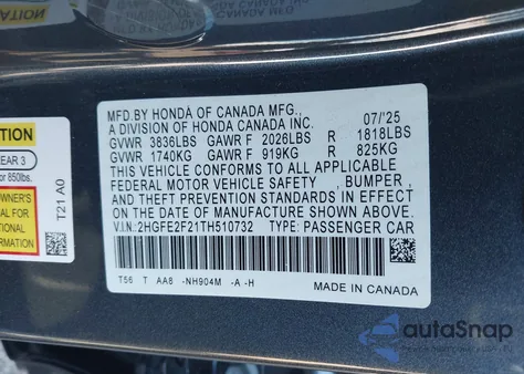 2026 Honda Civic Lx из США, поврежденный, VIN 2HGFE2F21TH510732